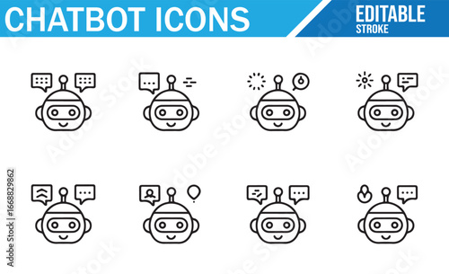 Chatbot Icon Set with Editable Features for Messaging and AI Interfaces