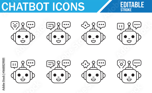 Collection of Robot Chatbot Icons in Various Expressions and Actions