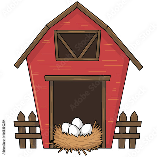 Bright red chicken coop fresh eggs nest vector illustration isolated on white background