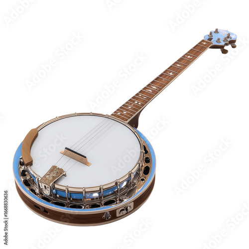 A banjo with a bright resonator and ornate wooden neck isolated on a transparent background