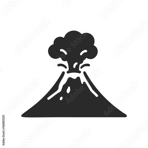 Erupting volcano icon with smoke cloud in black silhouette