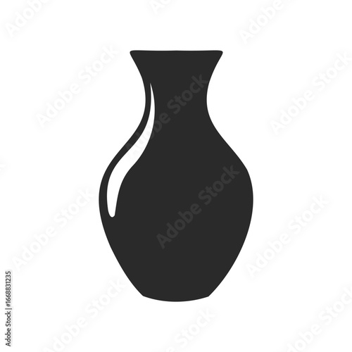 Minimalist black silhouette of curved vase on white background