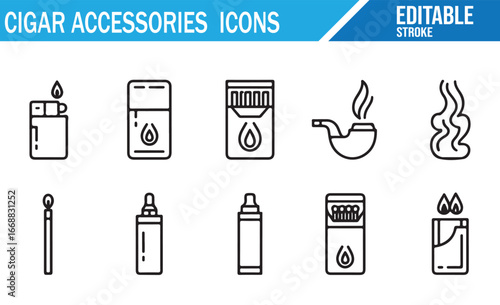 Cigar and Smoking Accessories Icons, Editable Vector Outline Set