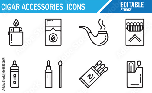 Editable Stroke Icons of Tobacco Products, Cigarettes, and Smoking Tools