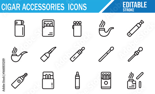 Vector Line Icons of Cigarettes, Cigar Pipe, Lighters, and Vape Pen