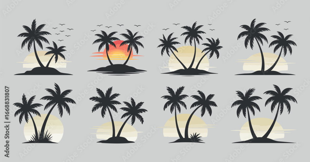 Fototapeta premium Tropical Island Palm Tree Silhouette Set with Sunset Background Vector Illustration Collection Design