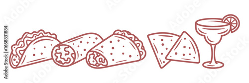 Delicious Mexican Food Icons Set Featuring Tacos, Burritos, Nachos, and a Margarita for Culinary Designs