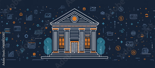 Financial institution bank building illustration with money and card icons on a dark blue abstract digital background design