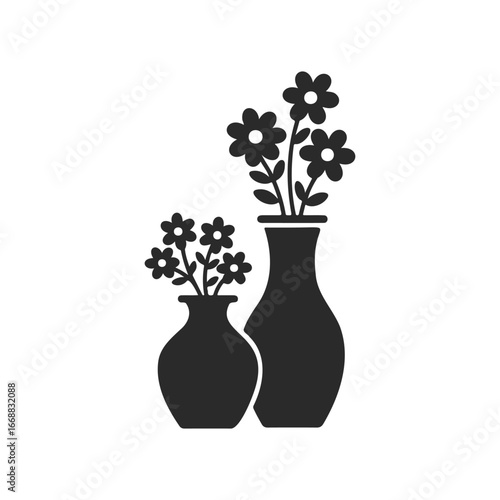 Silhouette of two flower vases with blossoms on white background