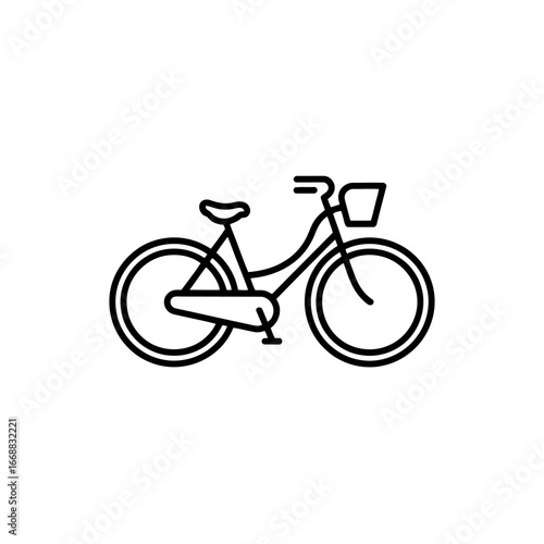 Black and White Bicycle Line Art Depicting a Bike with a Basket and a Classic Step-Through Frame