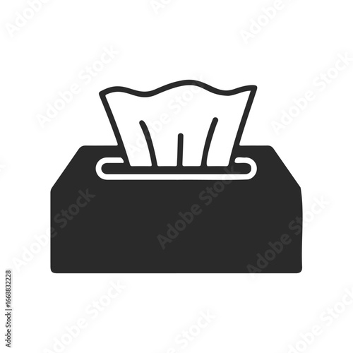 Black tissue box icon with tissue on white background