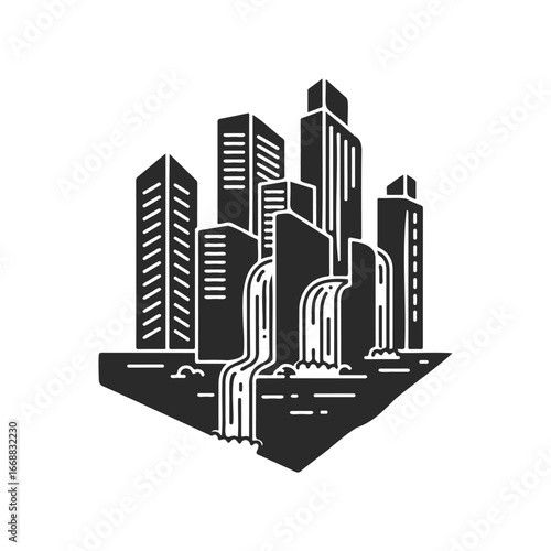 Abstract cityscape with waterfalls cascading from skyscrapers