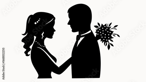 Silhouette of a bride and groom facing each other with the groom holding a bouquet behind his back