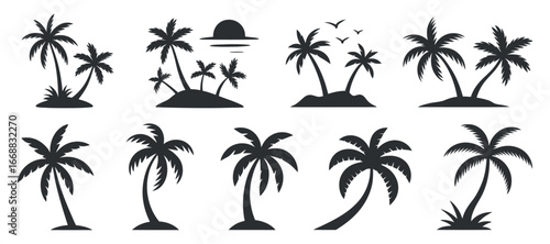 Tropical Palm Trees Silhouettes Featuring Sunset, Birds, and Island Scenery Illustration Collection