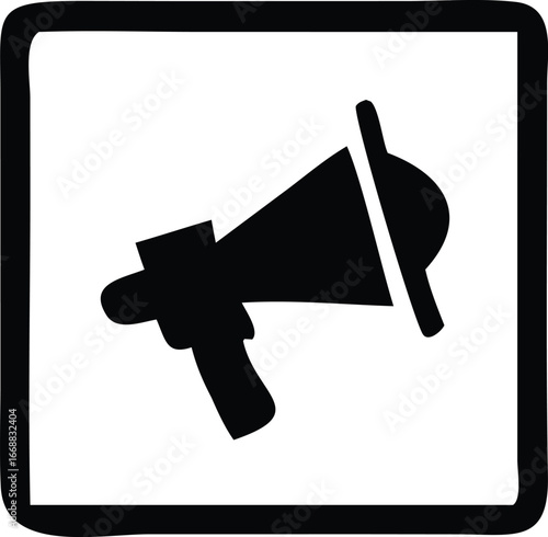Icon of a black megaphone against a white square background symbolizing announcement advertising promotion and communication in a modern graphic style