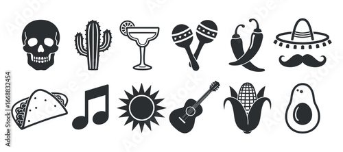 Cinco de Mayo Vector Icons Set Featuring Skull, Cactus, Margarita, Maracas, Chili, Sombrero, Taco, and More