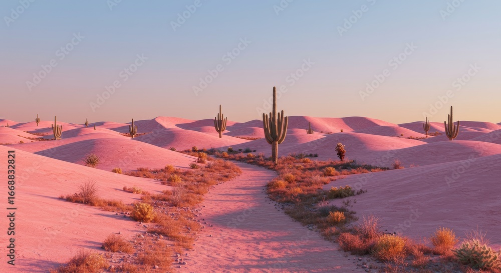 Obraz premium Surreal Pink Desert Vista with Winding Path and Saguaro Cacti Landscape