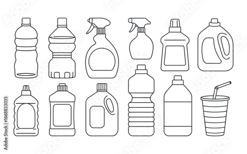 Outline Cleaning Supplies Bottles Vector Illustration Set for Coloring Book Design