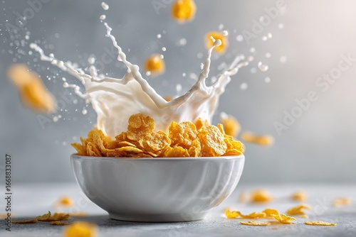 Milk splashing onto corn flakes in a bowl with scattered pieces on a gray surface