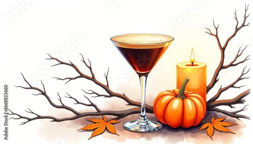 Espresso martini with candle and pumpkin, autumn spooky ambience