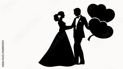 Silhouette of a bride and groom embracing with heart shaped balloons on their wedding day celebration