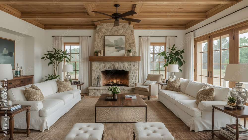 Fototapeta premium Elegant living room interior design showcasing a rustic farmhouse style with a natural wooden ceiling, white linen sofas adorned with vintage throw pillows, and a warm beige stone fireplace