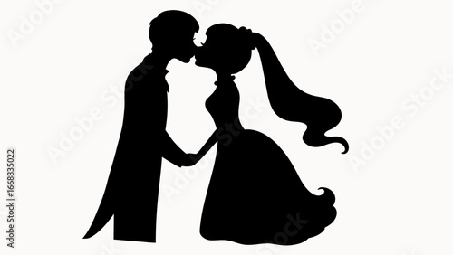 Silhouette of a bride and groom kissing while holding hands in a romantic wedding scene image