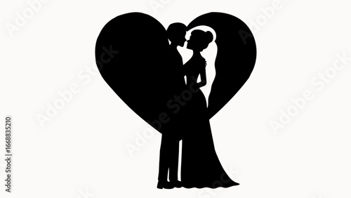 Silhouette of a bride and groom embracing inside a heart shape against a white background display image