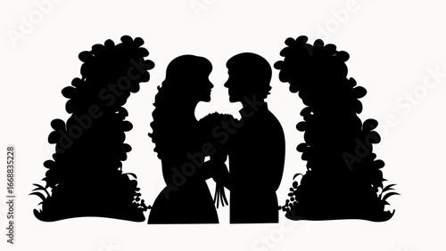 Silhouette of a couple facing each other holding flowers standing under floral archway design element