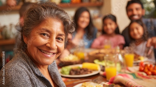 happy latin family having fun eating together at home  focus on grandfather face no logos no brands ar 169