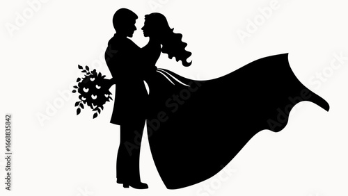 Silhouette of a bride and groom embracing with a bouquet on a white background image view