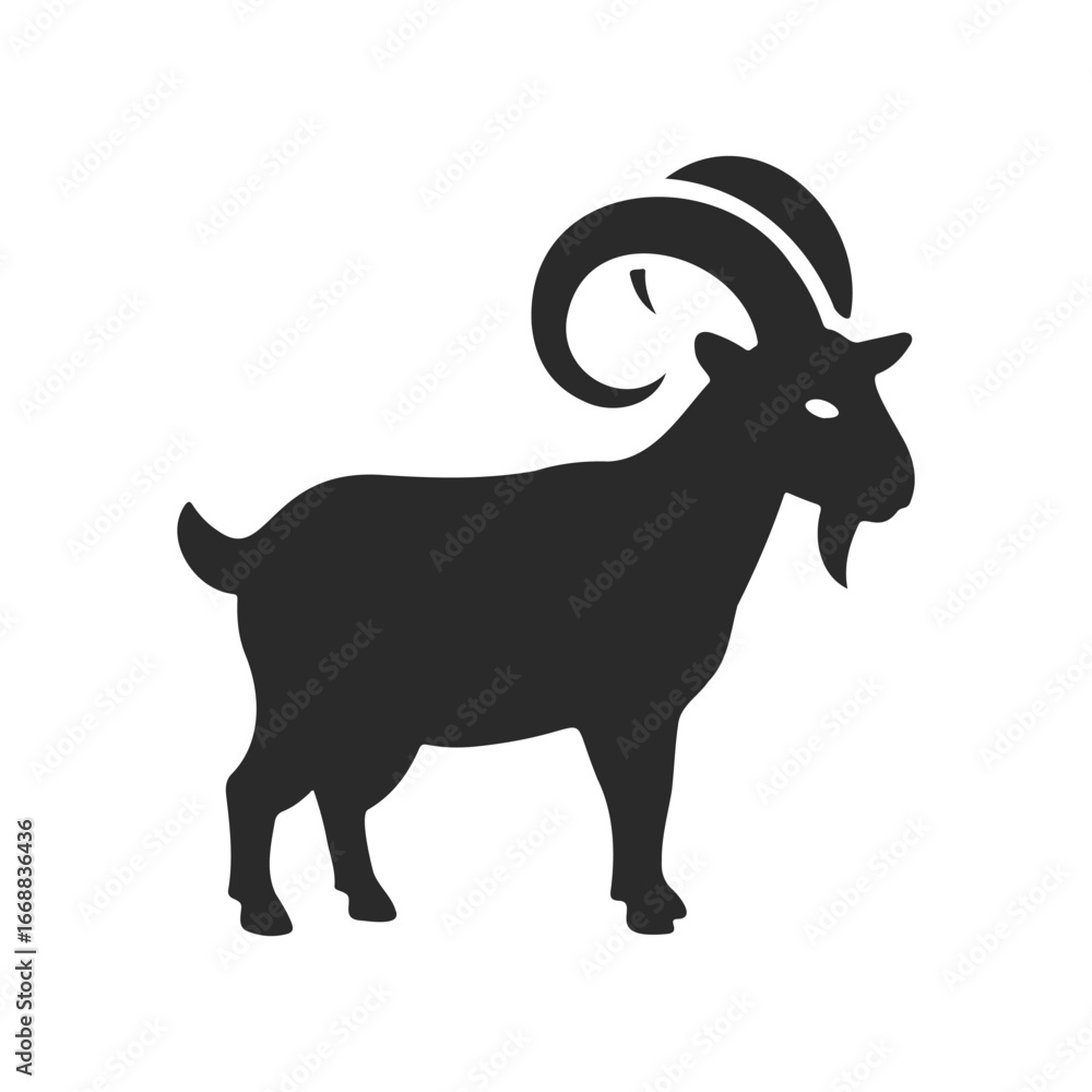 Obraz premium Silhouette of a goat with curved horns on white background