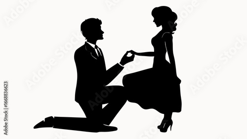 Silhouette of a man proposing to a woman with a ring in a formal setting in black and white style