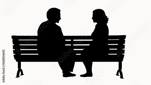 Silhouette of a man and woman sitting on a park bench facing each other in black and white illustration