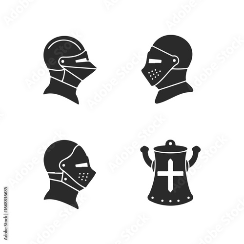 Medieval knight helmets and armor icons set on white background