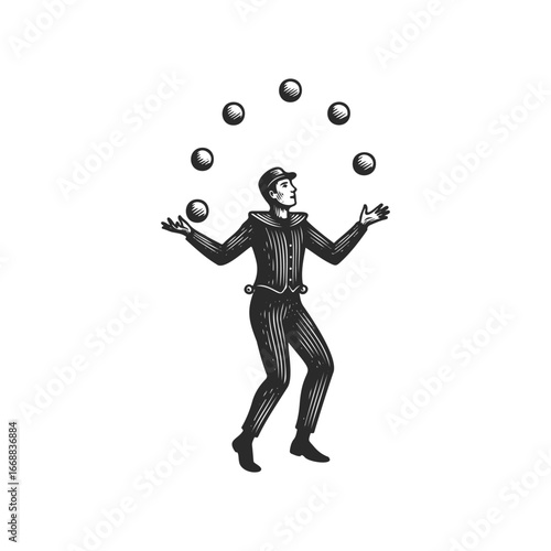 Vintage male juggler in black and white illustration with balls