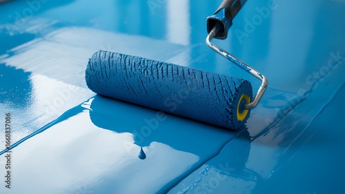 Blue paint roller applying coating to a surface