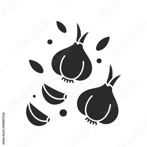 Garlic icon: whole bulbs and cloves silhouette with leaves