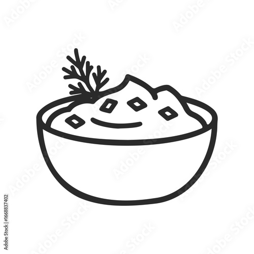 Line art of garnished bowl of mashed potatoes with herb decoration
