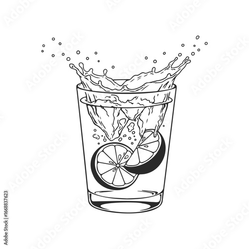 Dynamic splash of citrus lemon in glass with ice cubes - black and white illustration