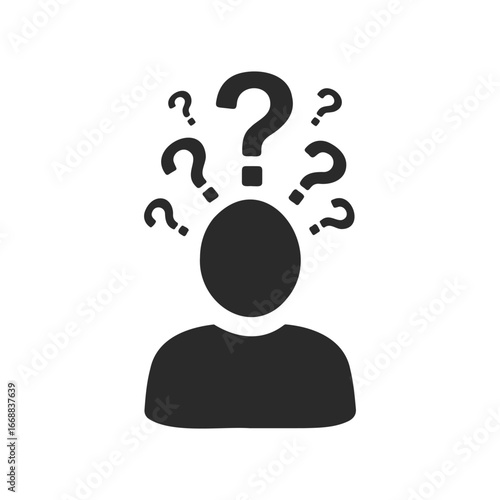 Silhouette of person with question marks expressing confusion or uncertainty