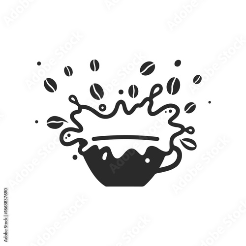 Splashing coffee cup with flying beans illustration