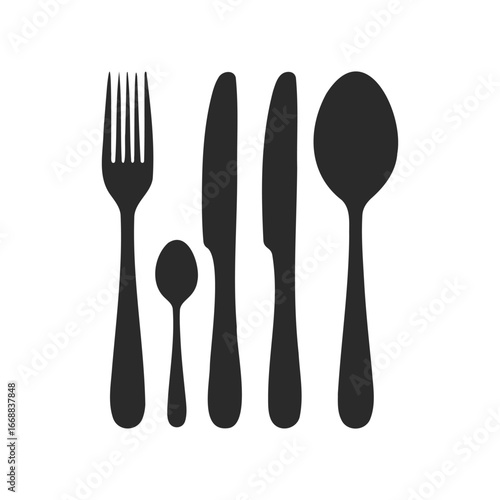 Silhouette of silverware set including fork, knives, and spoons on white background