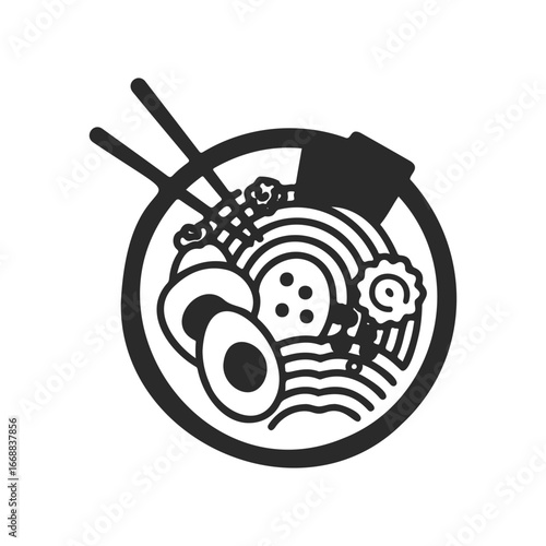 Black and white ramen bowl illustration with chopsticks and eggs