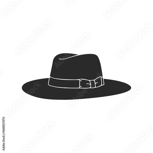 Classic black fedora hat with wide brim and belt detail on white background