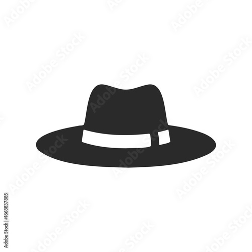 Classic black fedora hat icon with ribbon on white background