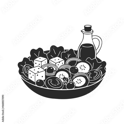 Black and white greek salad illustration with vegetables and olive oil
