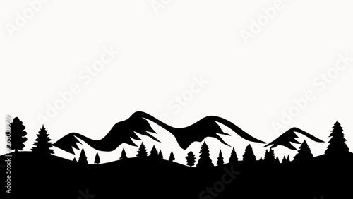 Silhouette of mountains and trees landscape with snow capped peaks in a monochrome black and white design