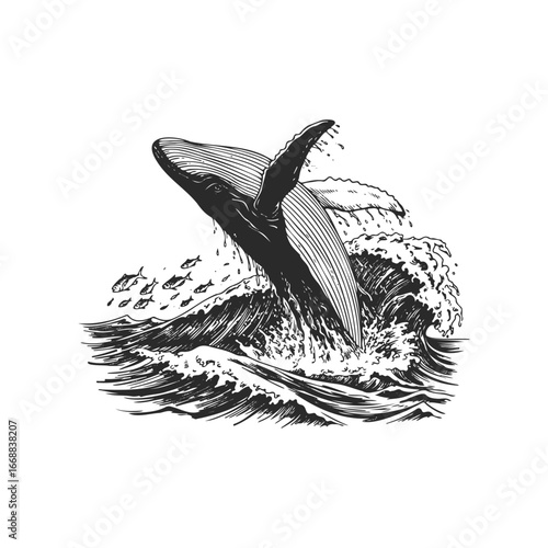 Majestic whale breaching in ocean waves with fish