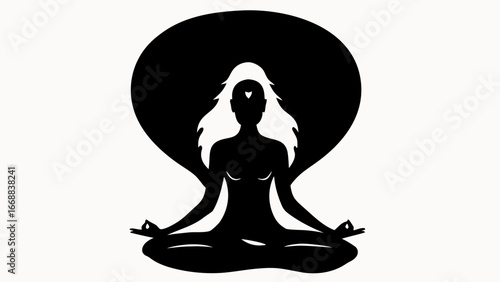 Silhouette of a woman meditating in lotus position with a dark background and white hair style
